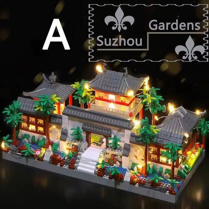 Suzhou Garden Blocks 1800+Pcs Classic Chinese Garden Mini Block Traditional Architecture House Assembled Bricks with LED Light