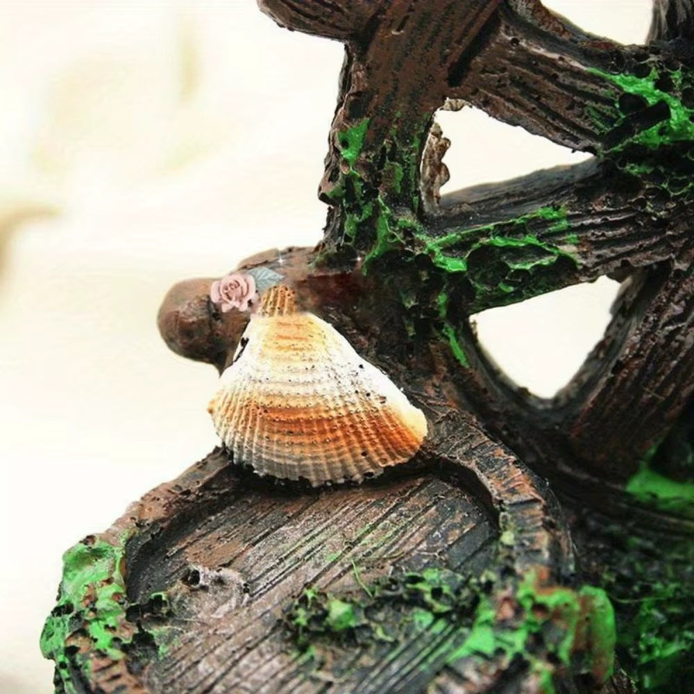 Steering Wheel Wine Barrel Resin Aquarium Ornament Decoration Plant for Fish Tank Accessories Home Pet Fish Tank Decor Supplies