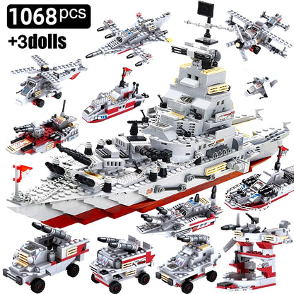 Navy War Chariot Ship Army Boat Plane Model Warships Building Blocks Compatible with Lego Construction Set for Boys Bricks Toys