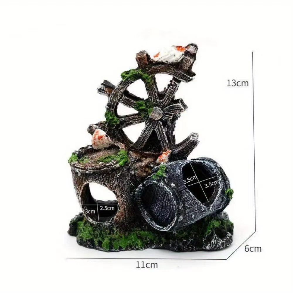 Steering Wheel Wine Barrel Resin Aquarium Ornament Decoration Plant for Fish Tank Accessories Home Pet Fish Tank Decor Supplies