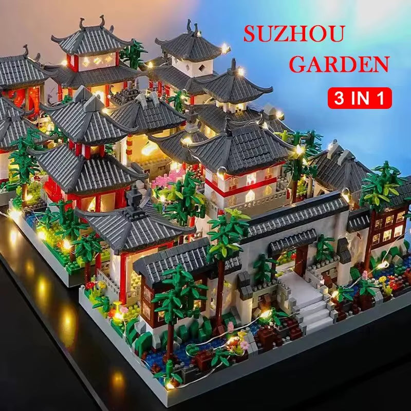 Suzhou Garden Blocks 1800+Pcs Classic Chinese Garden Mini Block Traditional Architecture House Assembled Bricks with LED Light