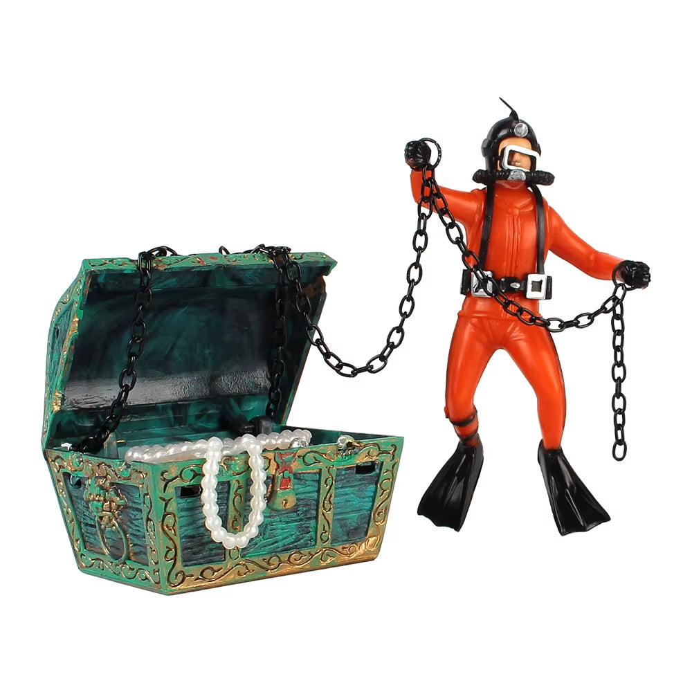 Aquarium Decoration Accessories Fish Tank Ornament Treasure Hunter Diver Action Figure Treasure Chest Fish Tank Decorations
