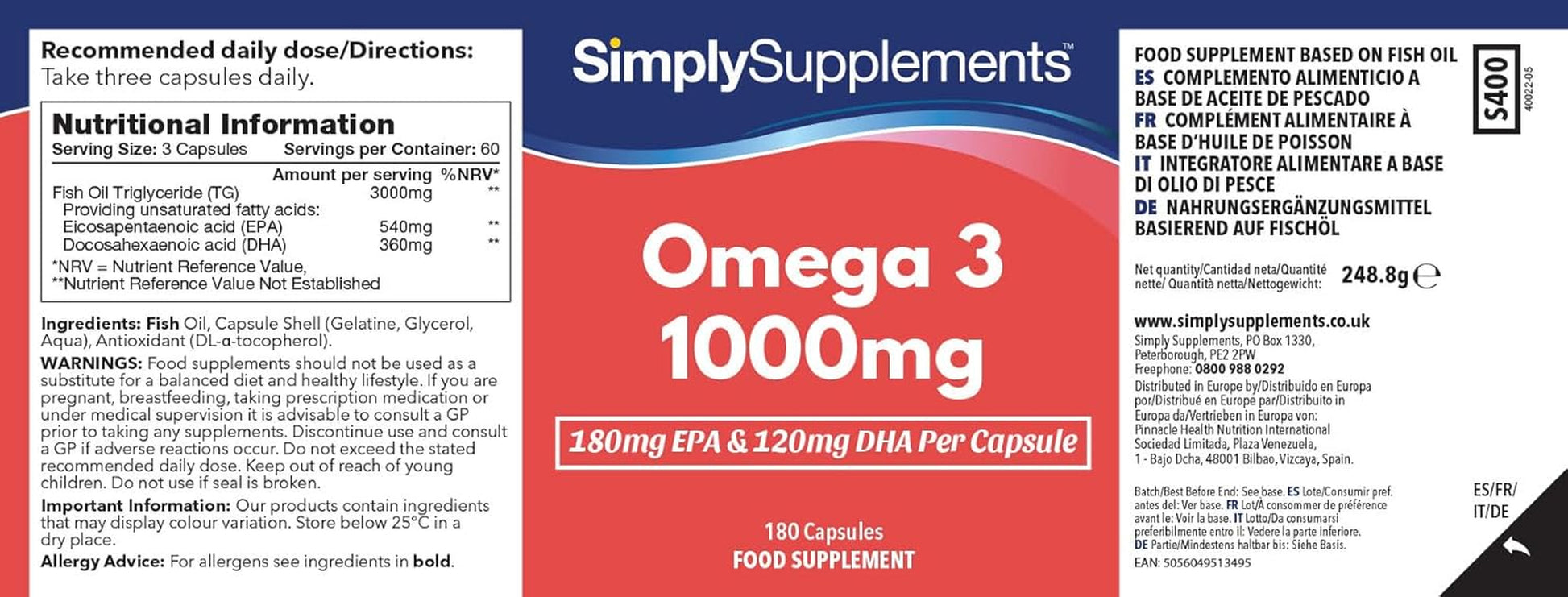 Pure Omega 3 1000Mg Capsules | Supports Heart, Brain & Eye Health | Rich in Omega 3 Fatty Acids | 540Mg of EPA and 360Mg of DHA per Serving | 360 Capsules = 4 Months’ Supply | Made in the UK