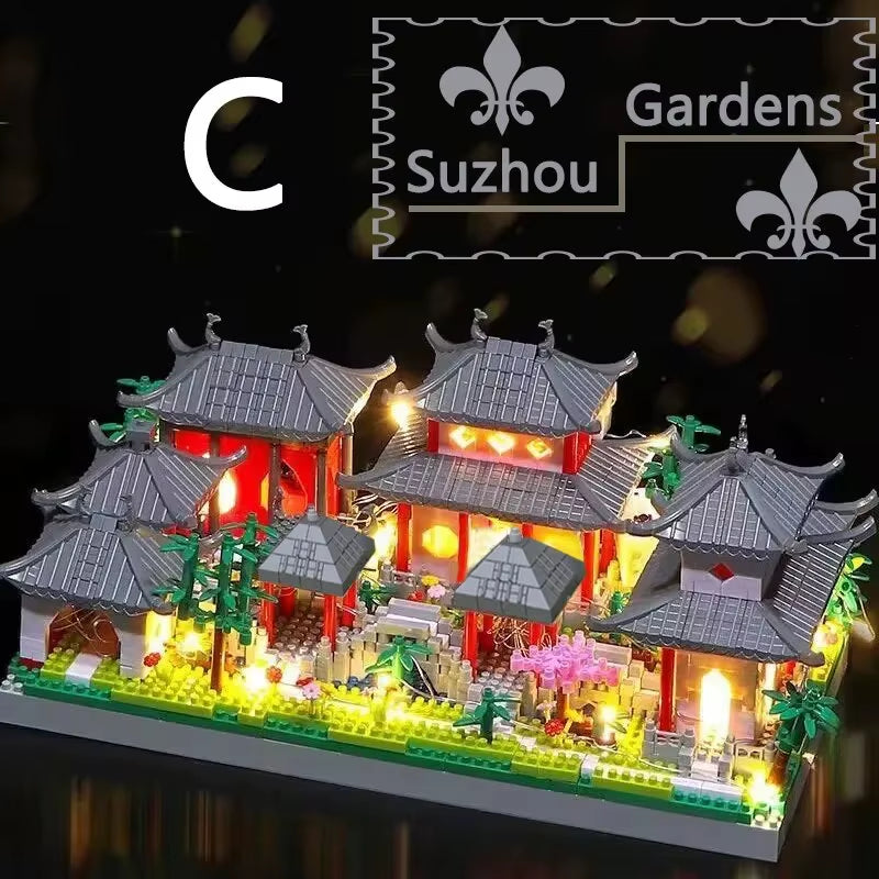 Suzhou Garden Blocks 1800+Pcs Classic Chinese Garden Mini Block Traditional Architecture House Assembled Bricks with LED Light