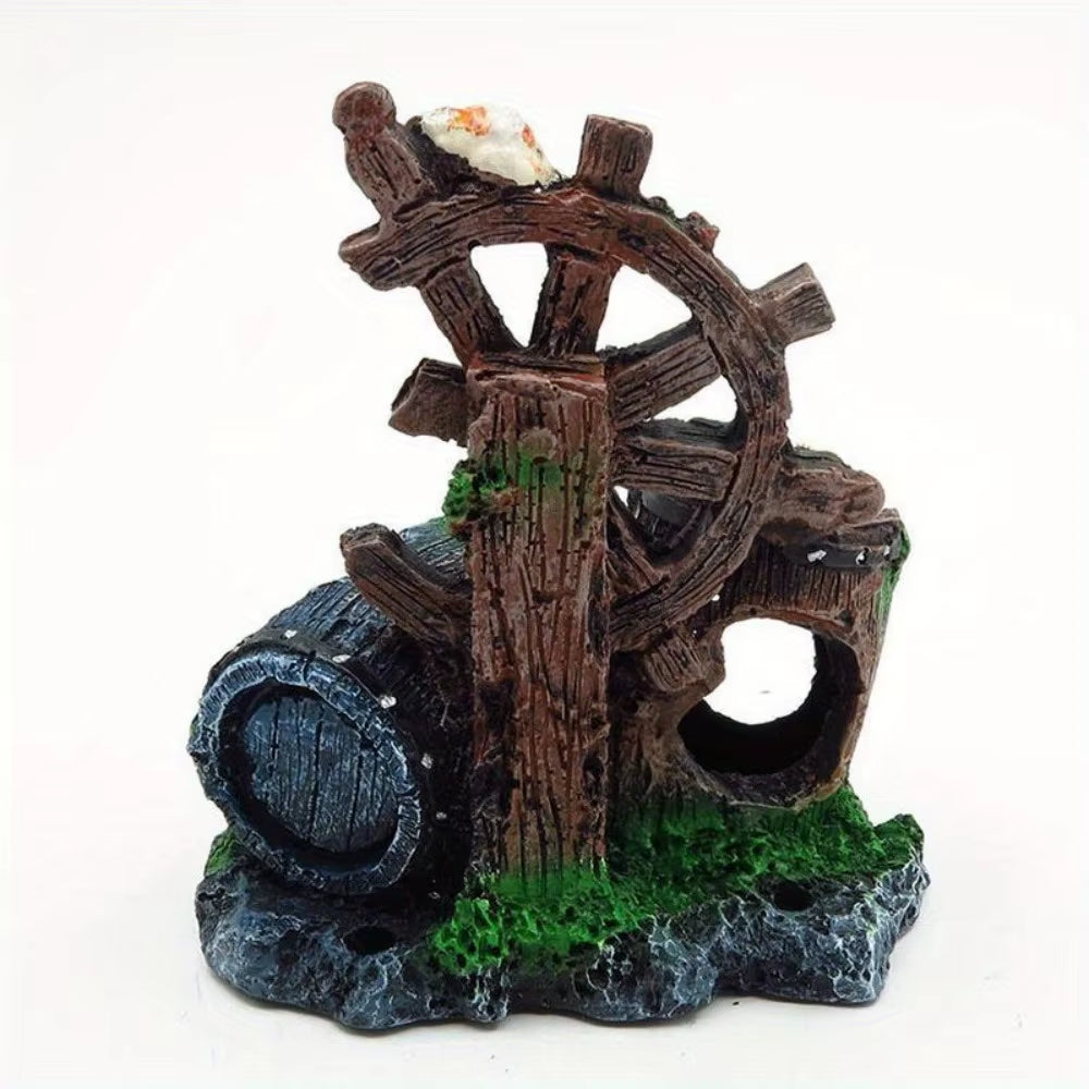 Steering Wheel Wine Barrel Resin Aquarium Ornament Decoration Plant for Fish Tank Accessories Home Pet Fish Tank Decor Supplies