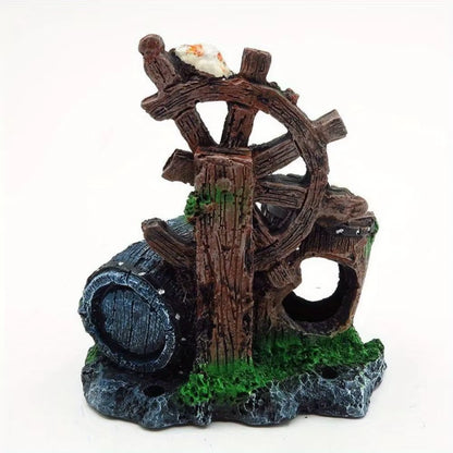 Steering Wheel Wine Barrel Resin Aquarium Ornament Decoration Plant for Fish Tank Accessories Home Pet Fish Tank Decor Supplies